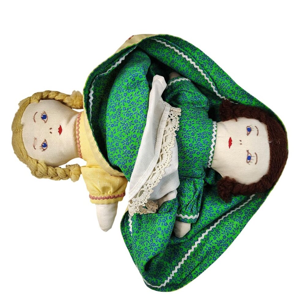 Vintage Reversible Ragdoll Topsy Turvy Handmade Yellow Green Yarn Hair Cloth 12"